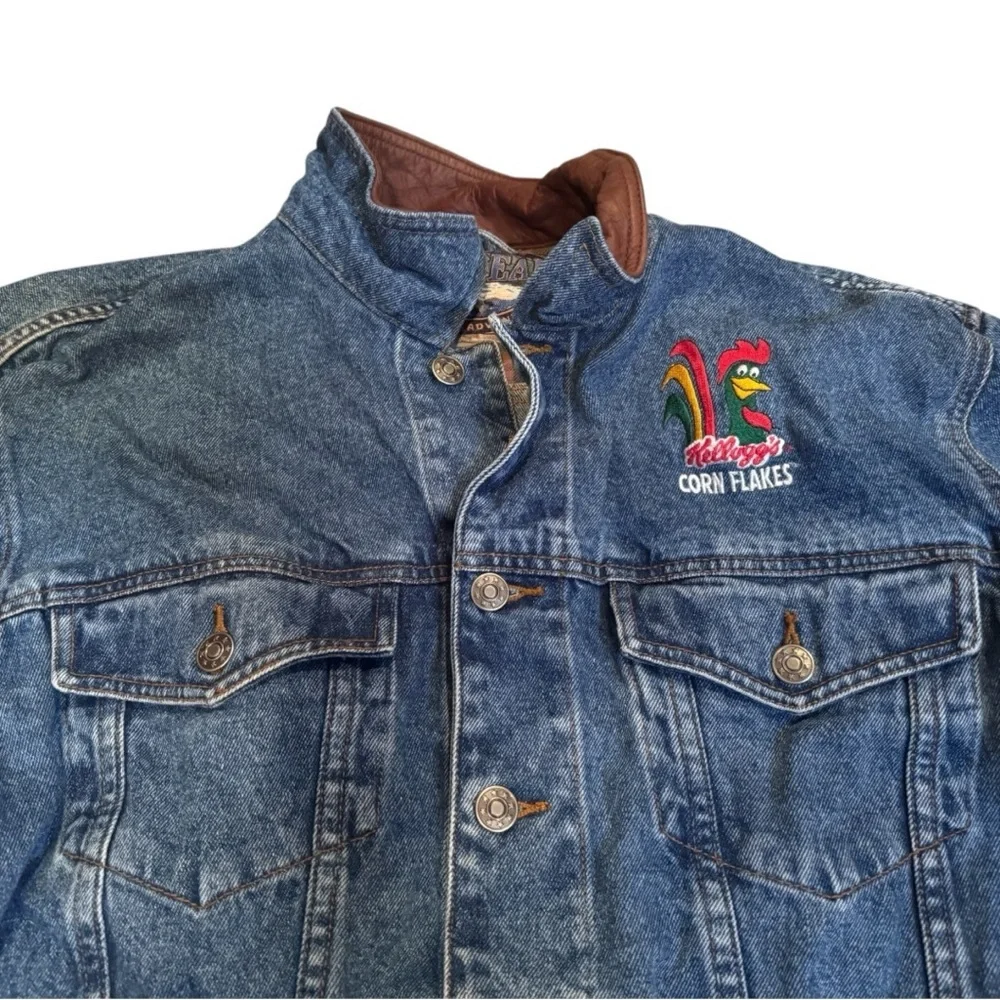 Vintage 90s Kellogg’s Corn Flakes Embroidered Denim Jacket Leather Collar Size S